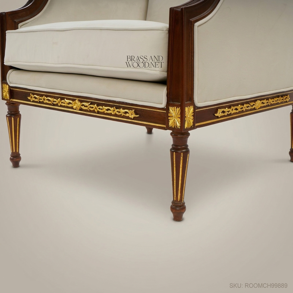 Directoire Mahogany Bergère Armchair Gilt Acanthus Frieze Fluted Legs Cream Upholstery View 4 | Brass & Wood