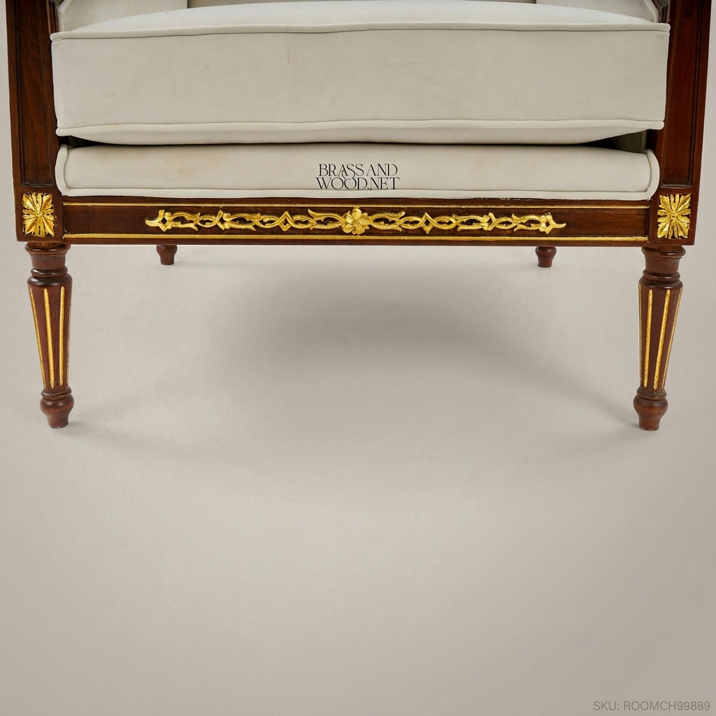 Directoire Mahogany Bergère Armchair Gilt Acanthus Frieze Fluted Legs Cream Upholstery View 5 | Brass & Wood