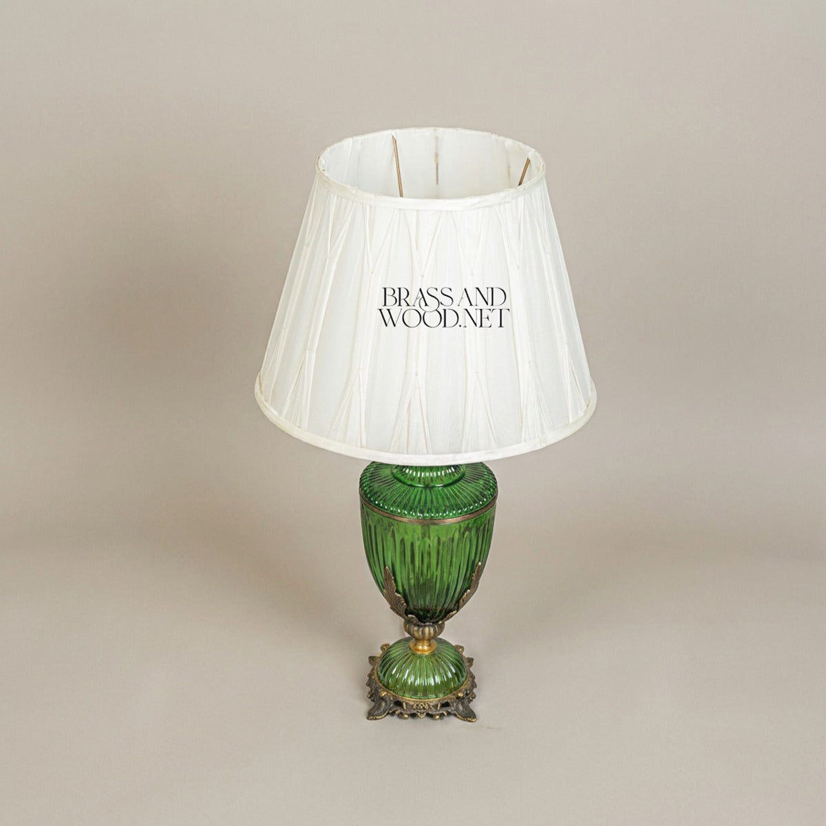 Classical Ribbed Green Glass Urn Table Lamp with Ornate Brass Acanthus Base — Antique Gold