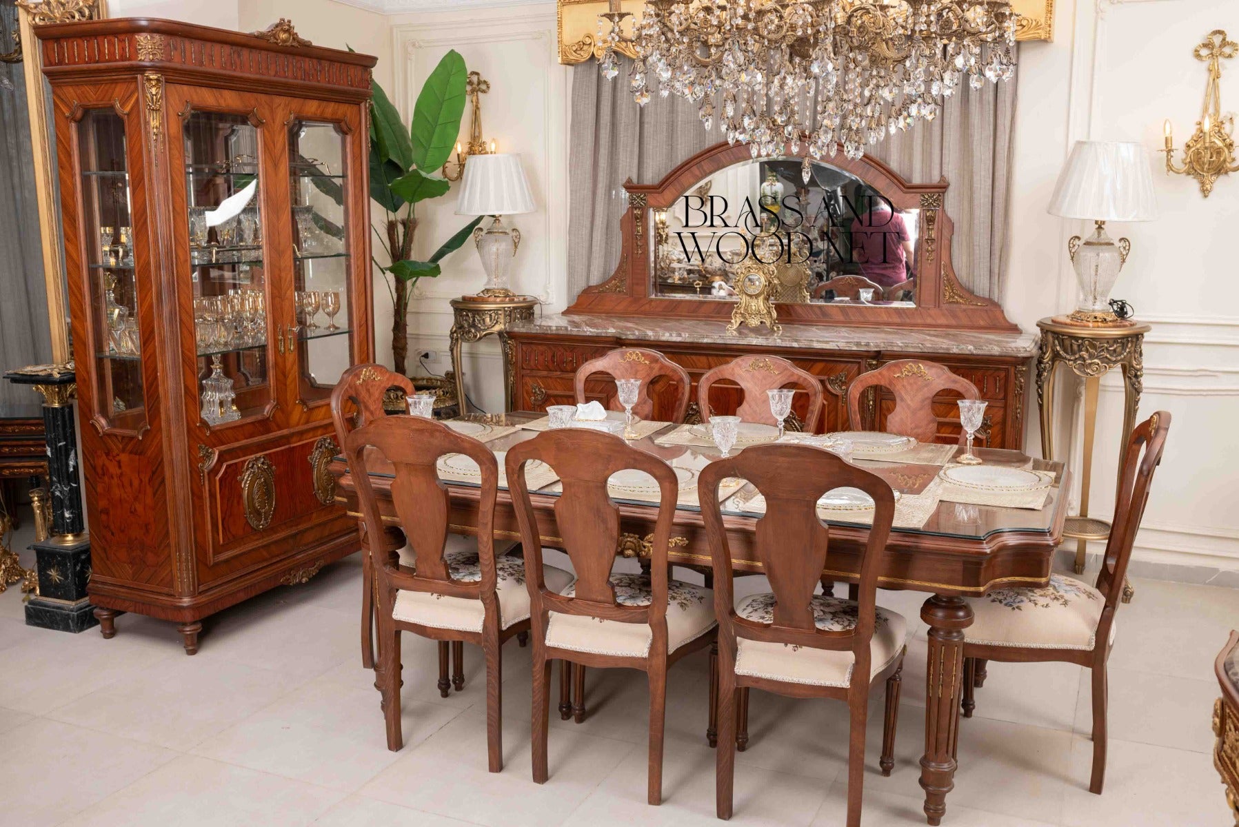 Brass & Wood Neoclassical Carved Wood Dining Table