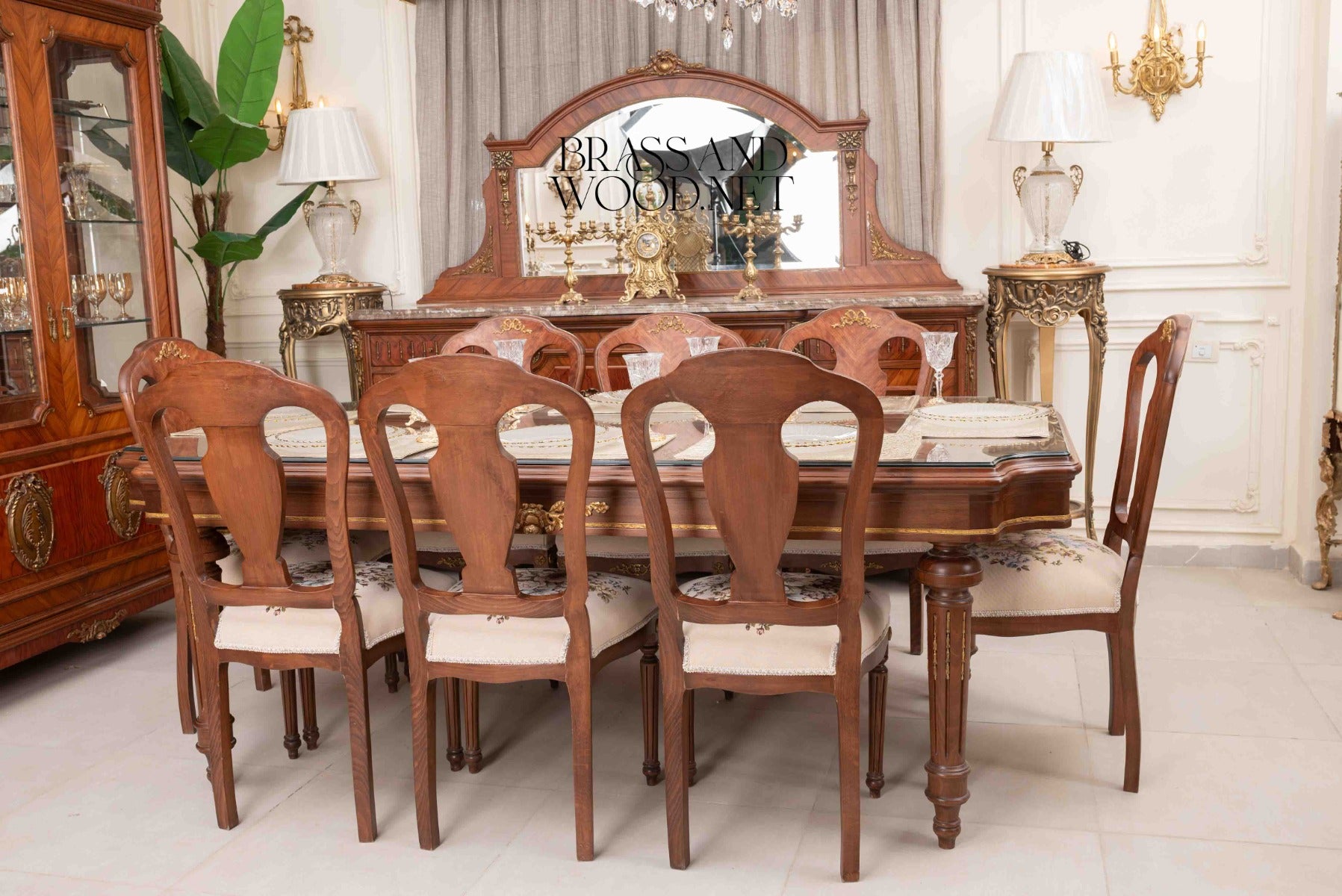 Brass & Wood Neoclassical Carved Wood Dining Table — 32 Persons