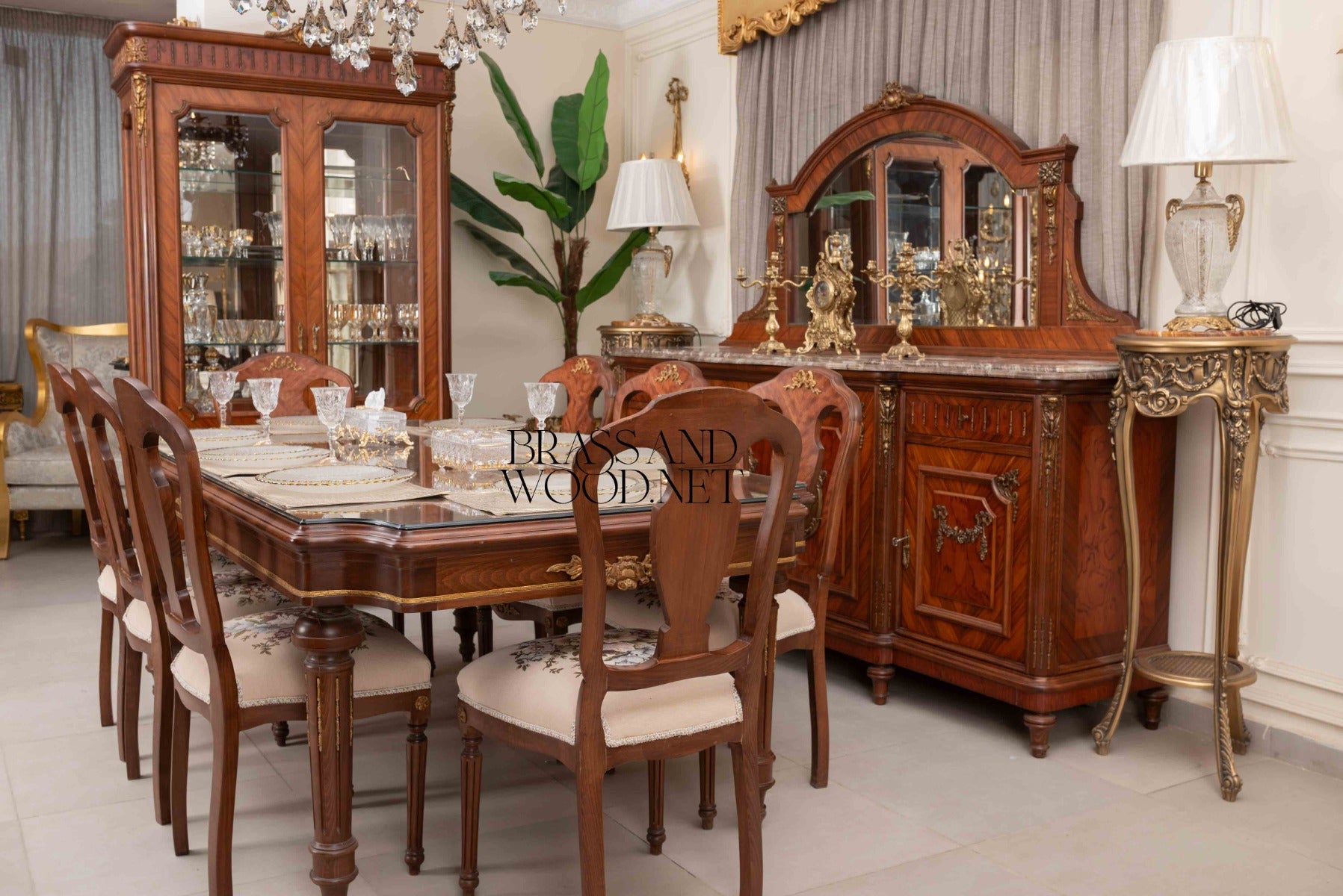 Brass & Wood Neoclassical Carved Wood Dining Table — 8 Persons