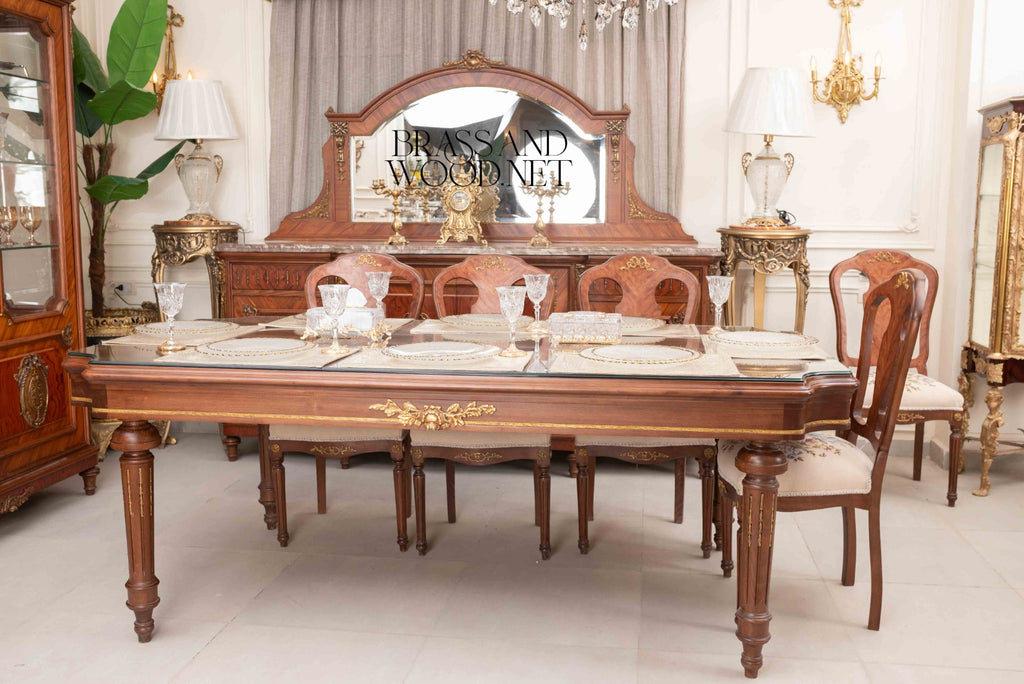 Brass & Wood Neoclassical Carved Wood Dining Table — 10 Persons