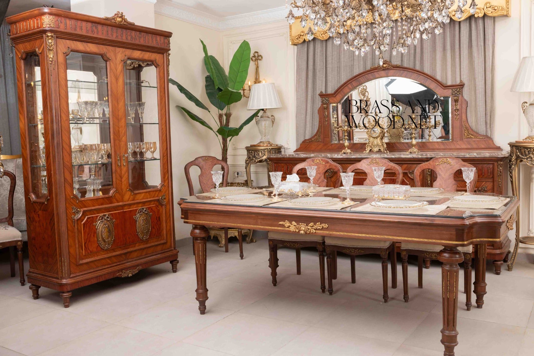 Brass & Wood Neoclassical Carved Wood Dining Table