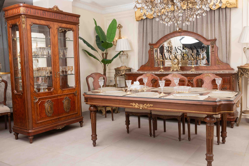 Brass & Wood Neoclassical Carved Wood Dining Table — 10 Persons