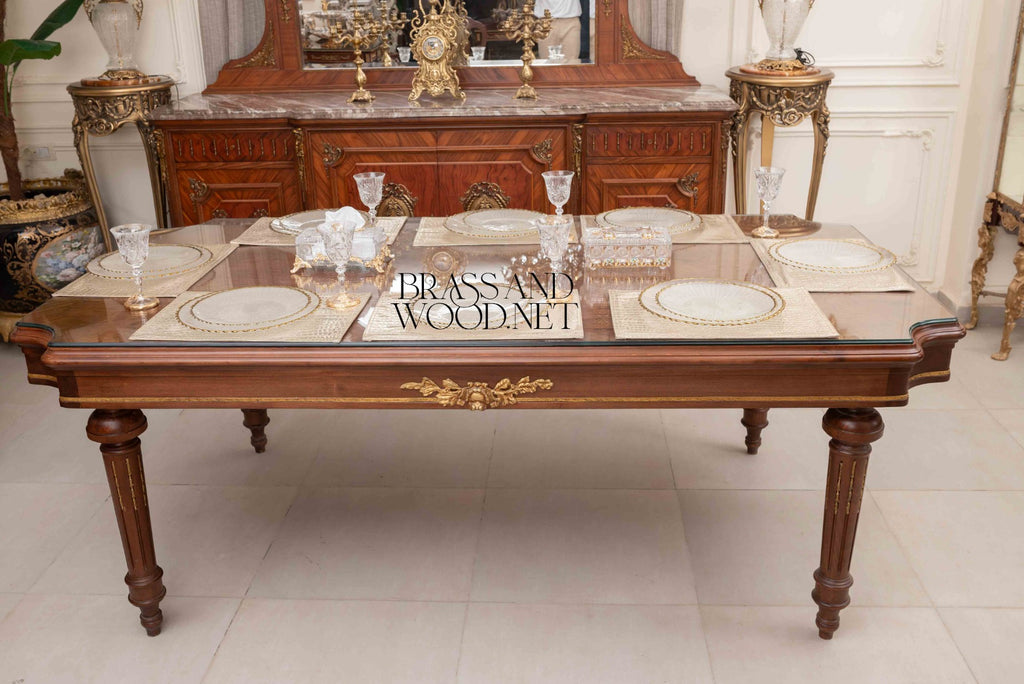 Brass & Wood Neoclassical Carved Wood Dining Table — 10 Persons