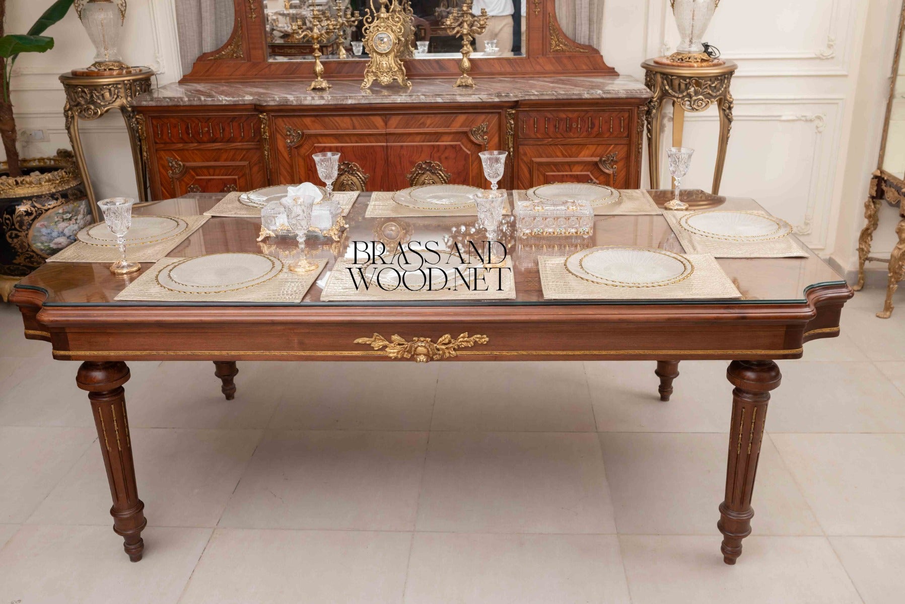 Brass & Wood Neoclassical Carved Wood Dining Table — 32 Persons