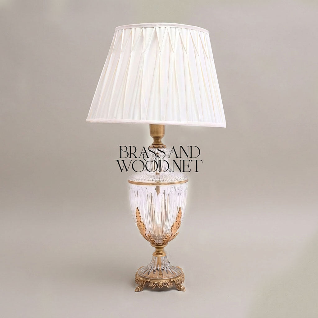 Classical Crystal Urn Table Lamp with Brass Acanthus Base & Pleated Shade — Antique Gold
