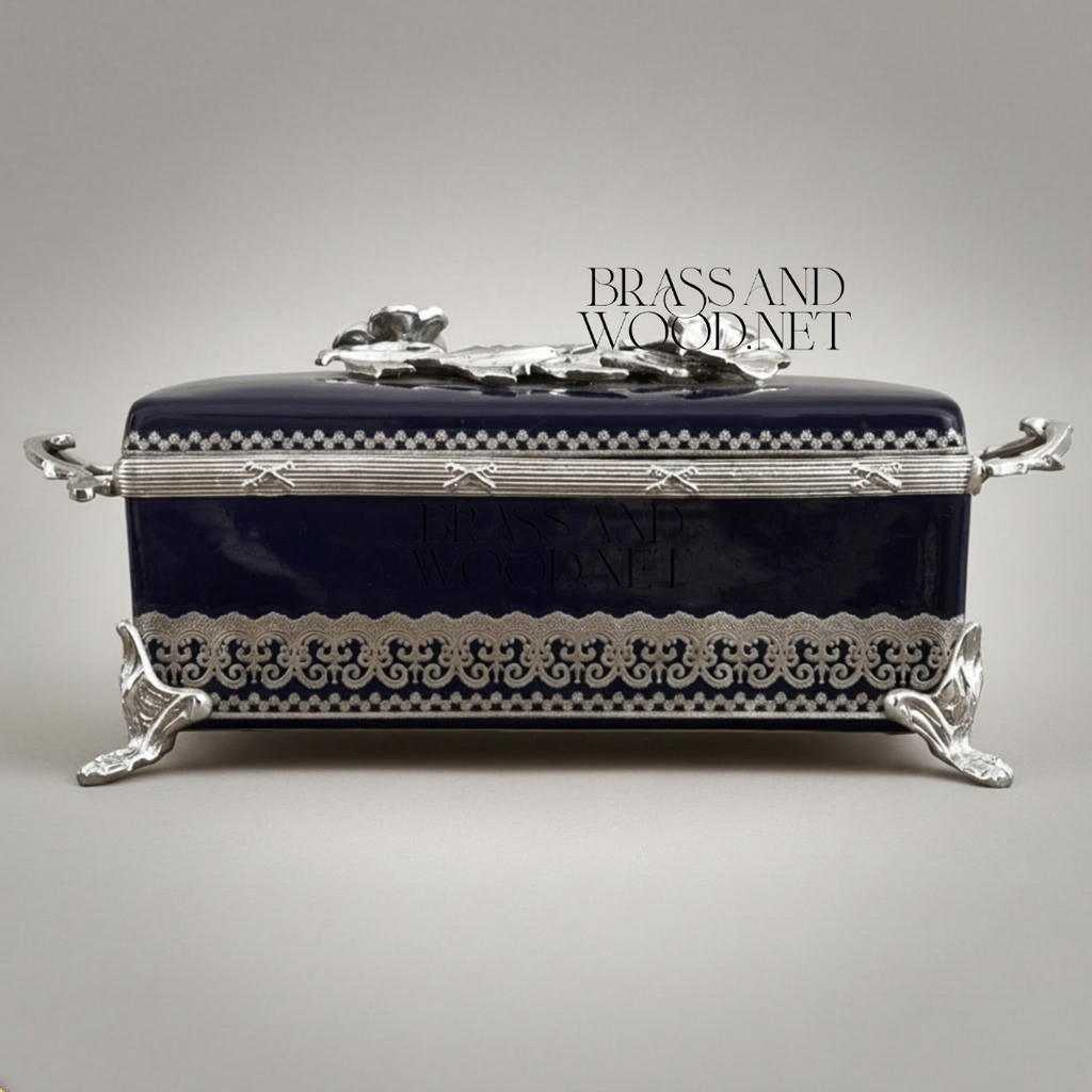 Rococo Brass & Ceramic Tissue Box - Navy Blue Floral Wreath Lid