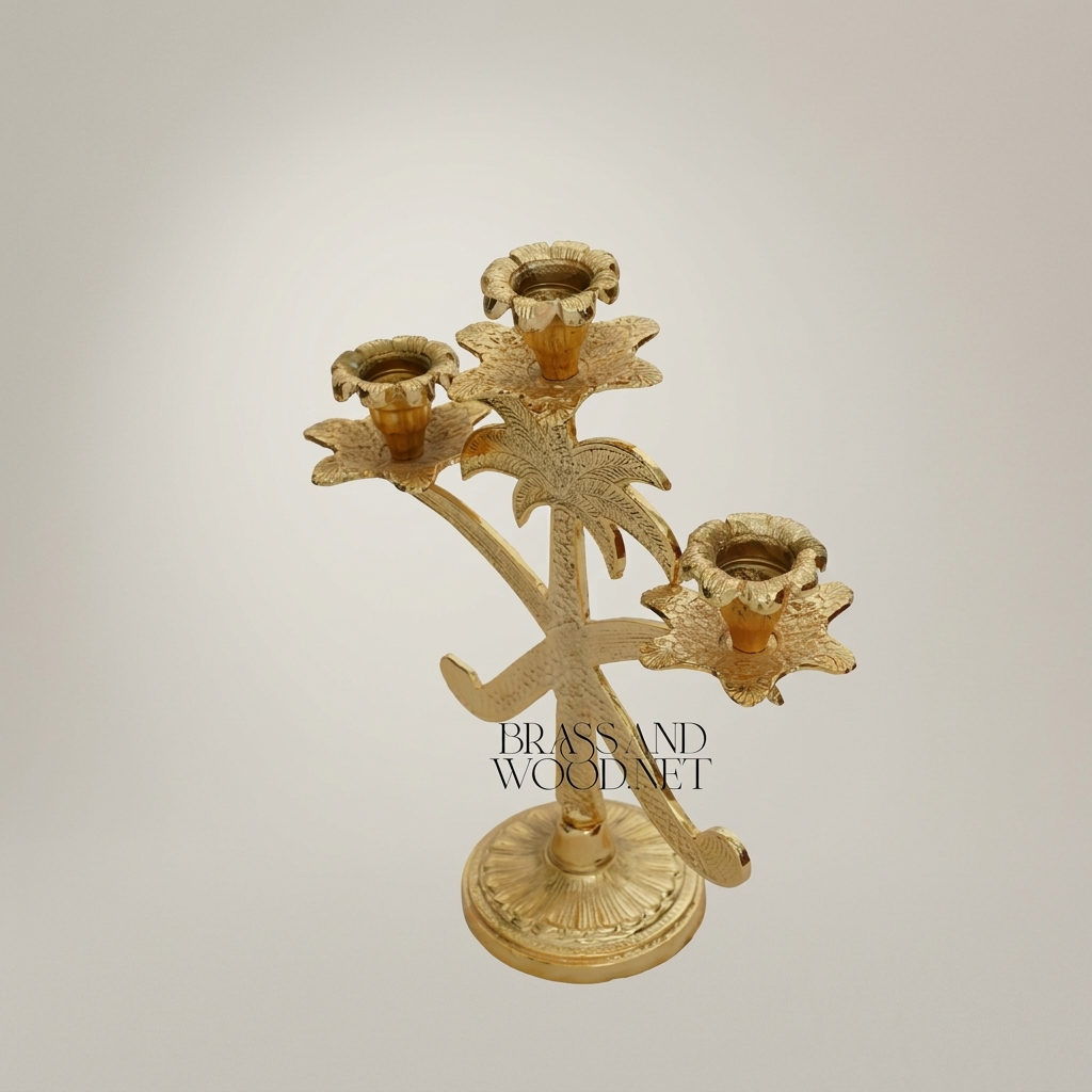 Egyptian Palm Tree Brass Candelabra - 3-Arm Ornate Candleholder — Gold