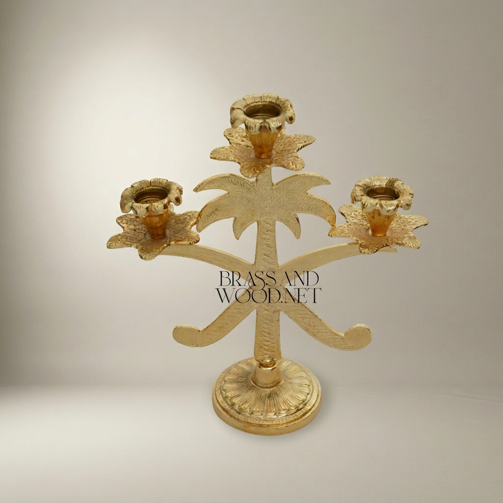 Egyptian Palm Tree Brass Candelabra - 3-Arm Ornate Candleholder