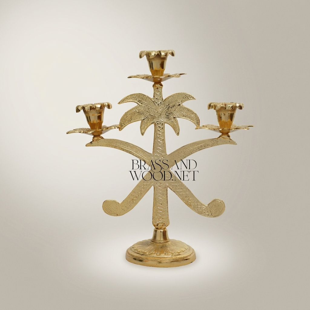 Egyptian Palm Tree Brass Candelabra - 3-Arm Ornate Candleholder — Gold