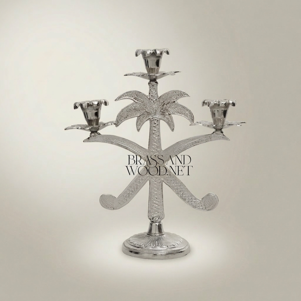 Egyptian Palm Tree Brass Candelabra - 3-Arm Ornate Candleholder — Silver