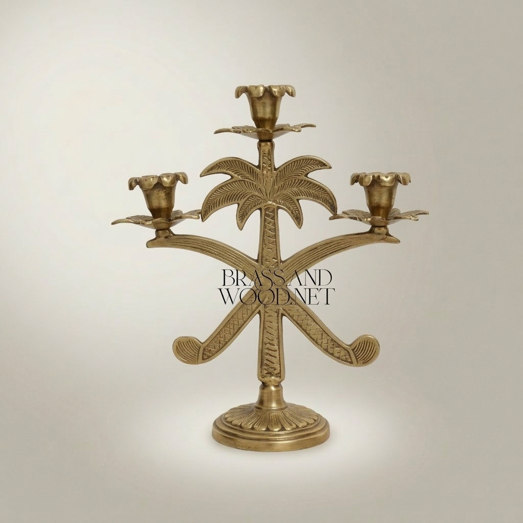 Egyptian Palm Tree Brass Candelabra - 3-Arm Ornate Candleholder — Antique Gold