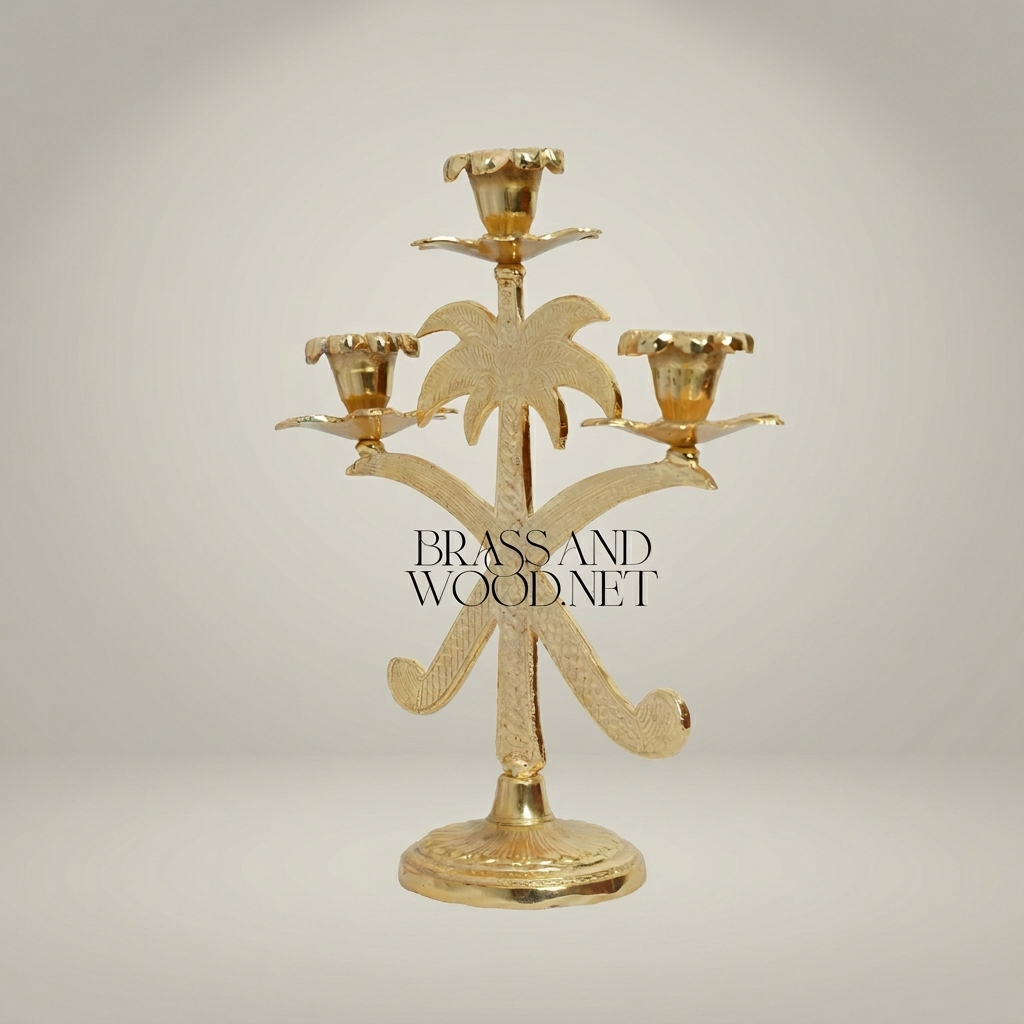 Egyptian Palm Tree Brass Candelabra - 3-Arm Ornate Candleholder