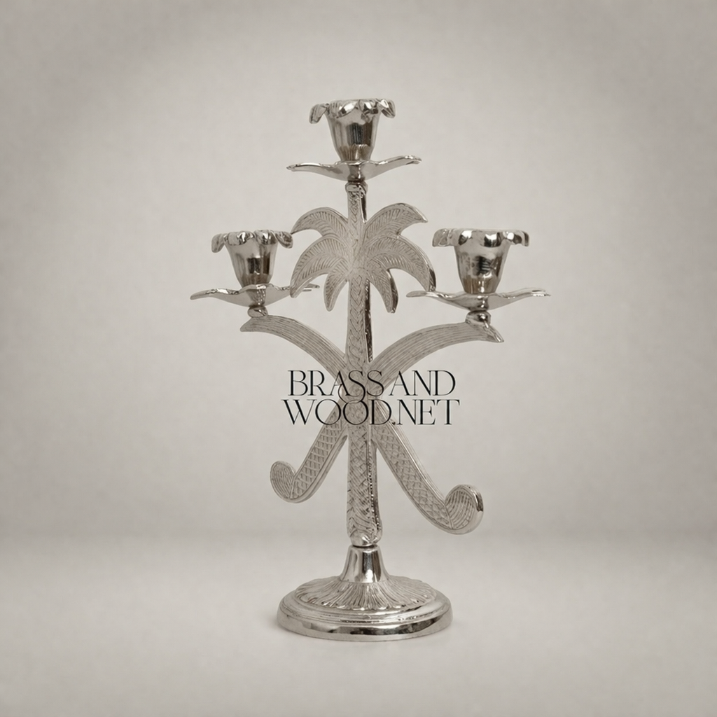 Egyptian Palm Tree Brass Candelabra - 3-Arm Ornate Candleholder — Silver