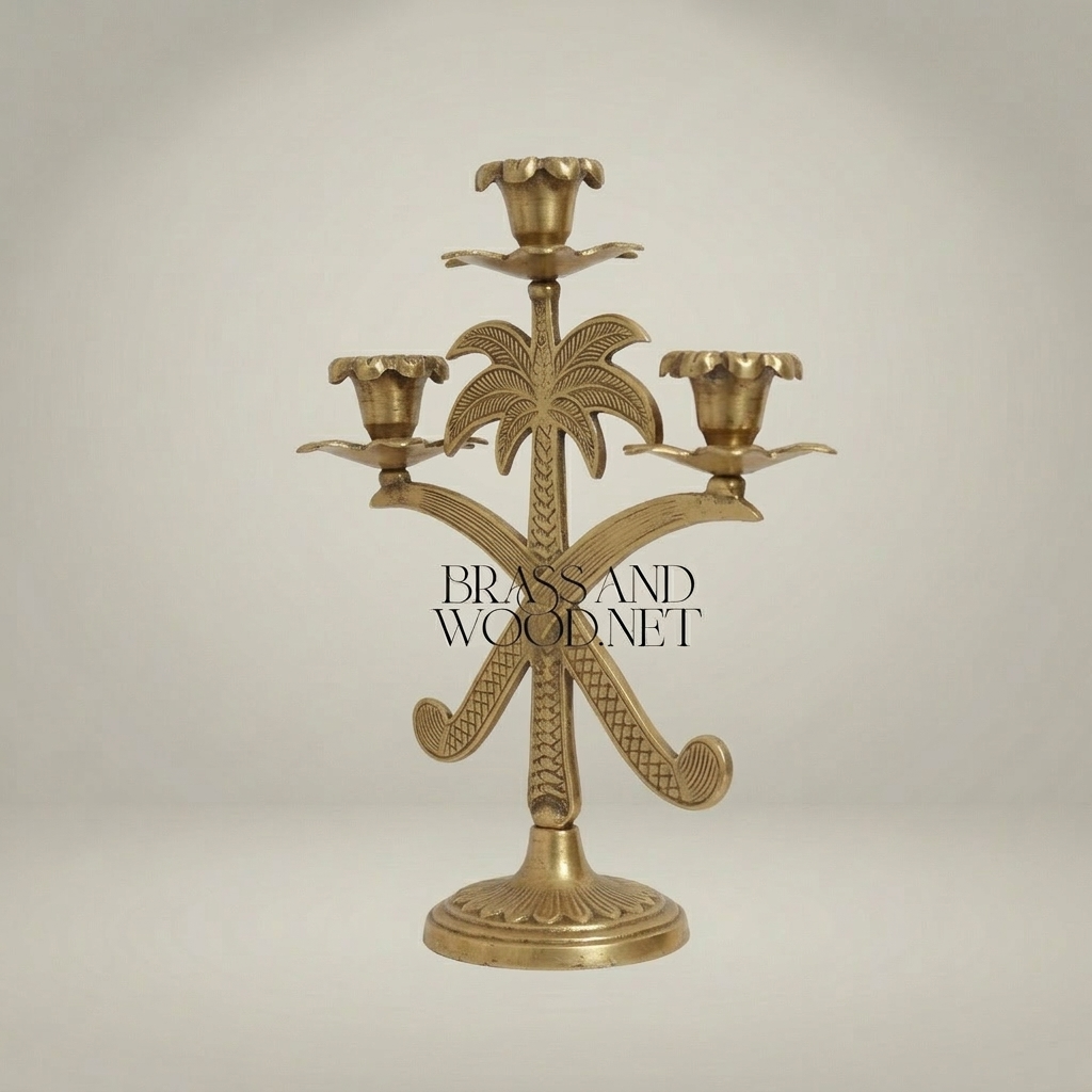 Egyptian Palm Tree Brass Candelabra - 3-Arm Ornate Candleholder — Antique Gold