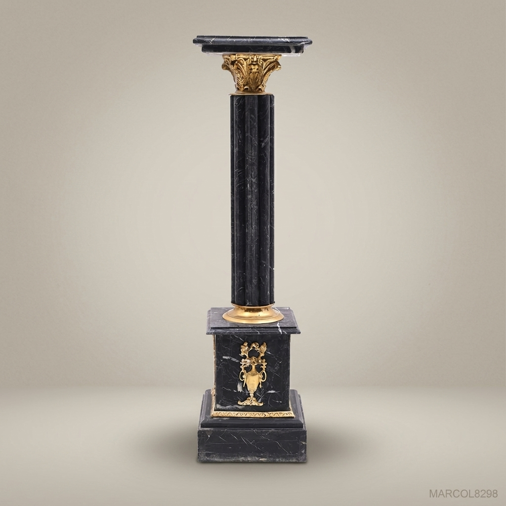 Neoclassical Black Marble Column Pedestal with Gilt Bronze Mounts