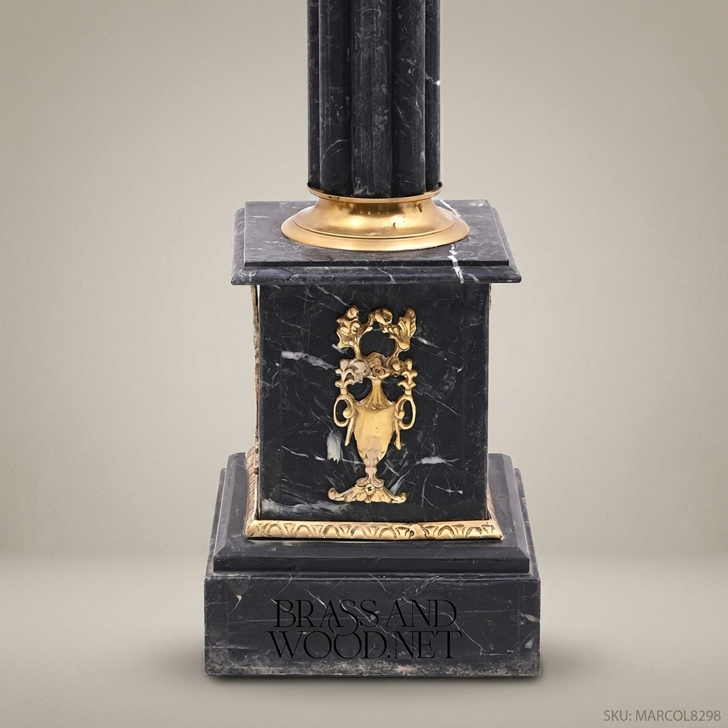 Neoclassical Black Marble Column Pedestal with Gilt Bronze Mounts