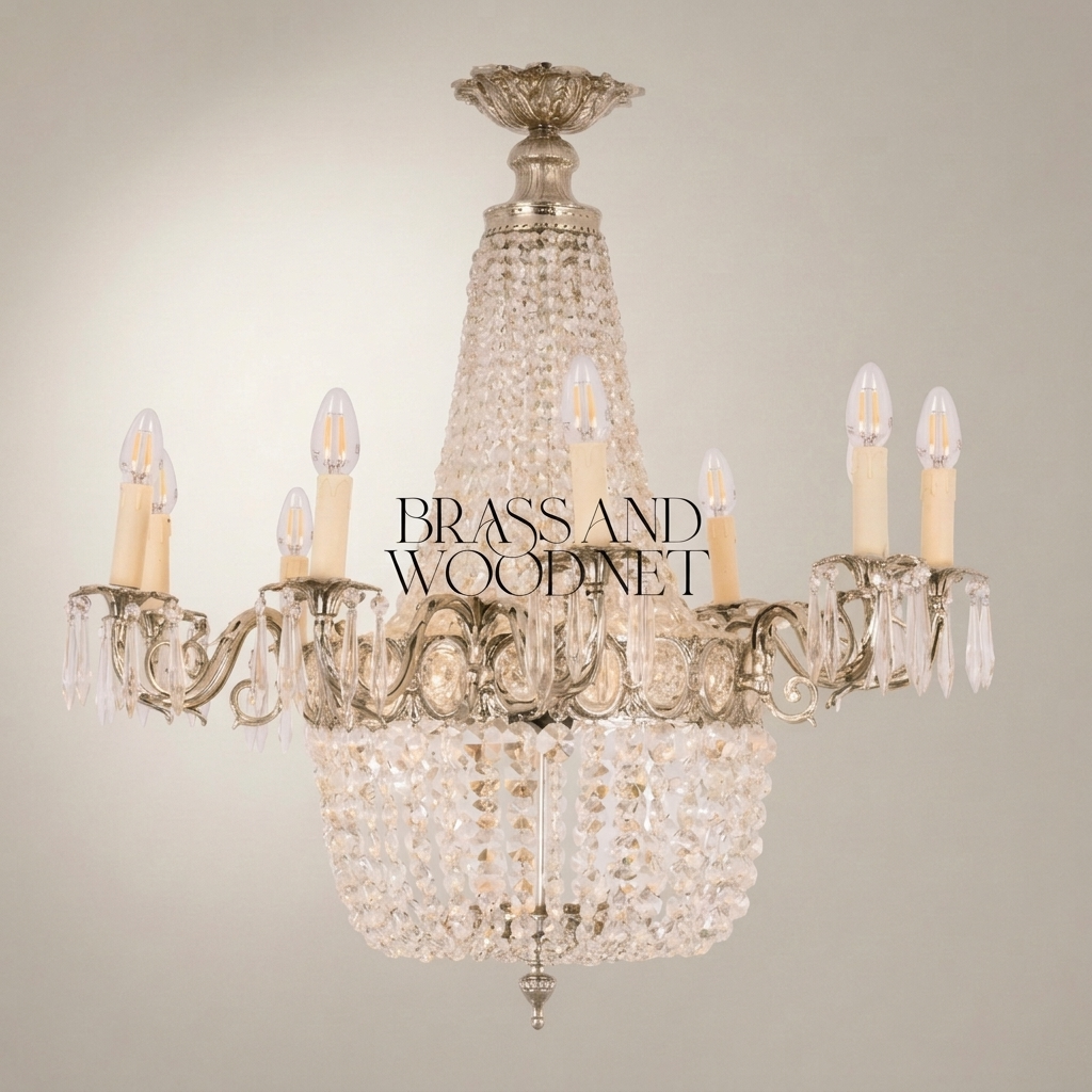 Empire Brass & Crystal Basket Chandelier - 10-Arm Acanthus Crown Canopy — Silver