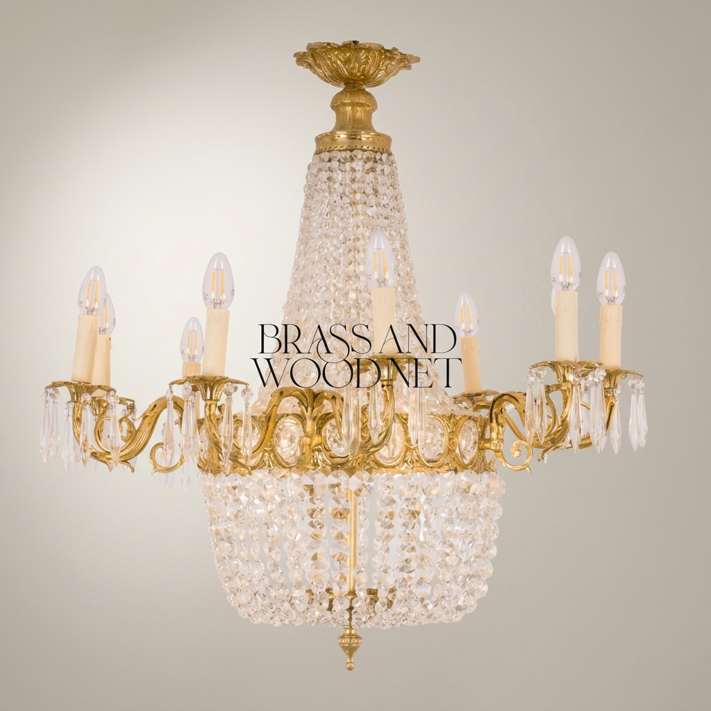 Empire Brass & Crystal Basket Chandelier - 10-Arm Acanthus Crown Canopy — Antique Gold