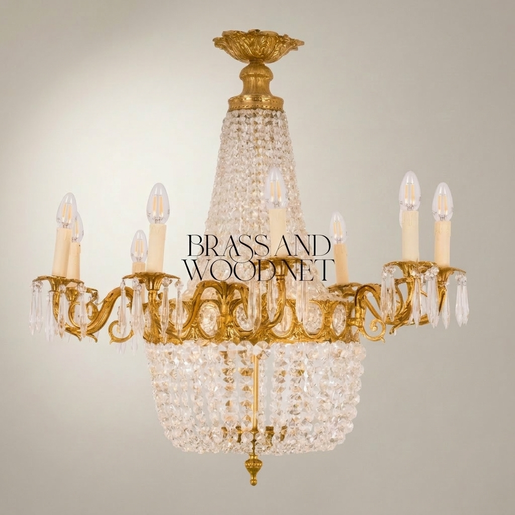 Empire Brass & Crystal Basket Chandelier - 10-Arm Acanthus Crown Canopy — Gold