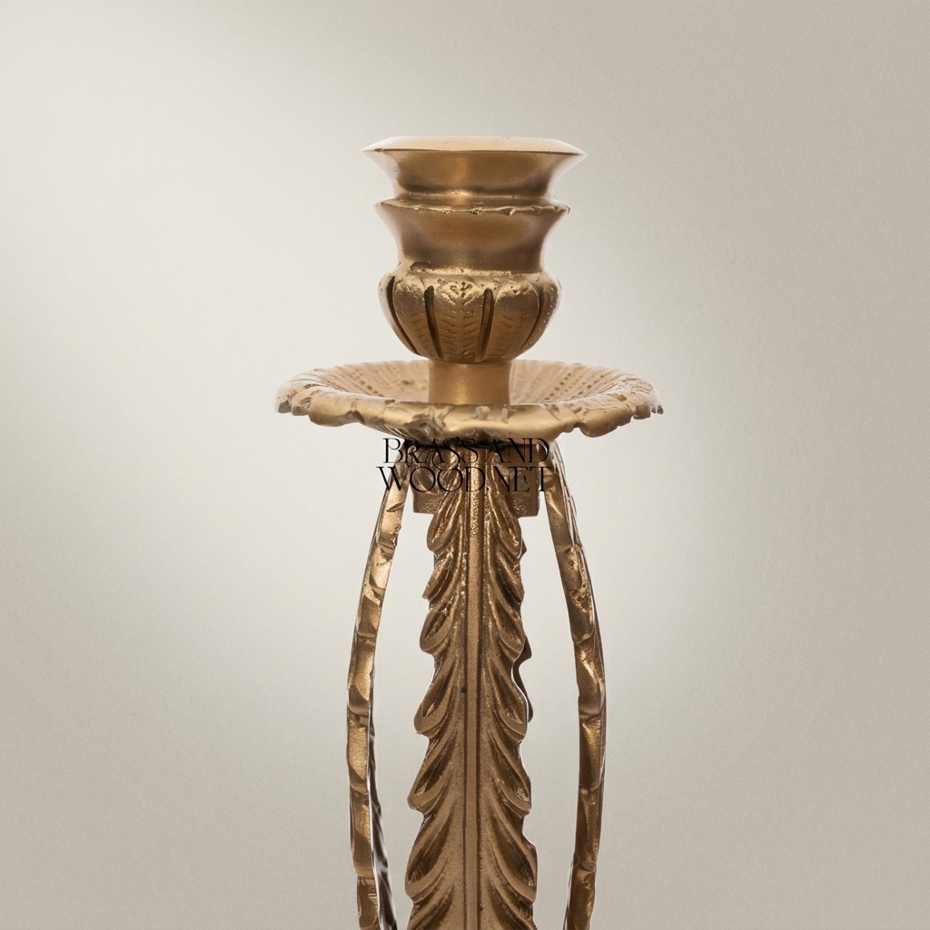 Empire Brass & Crystal Candlestick with Feather Palm Column and Egg-and-Dart Base — Antique Gold