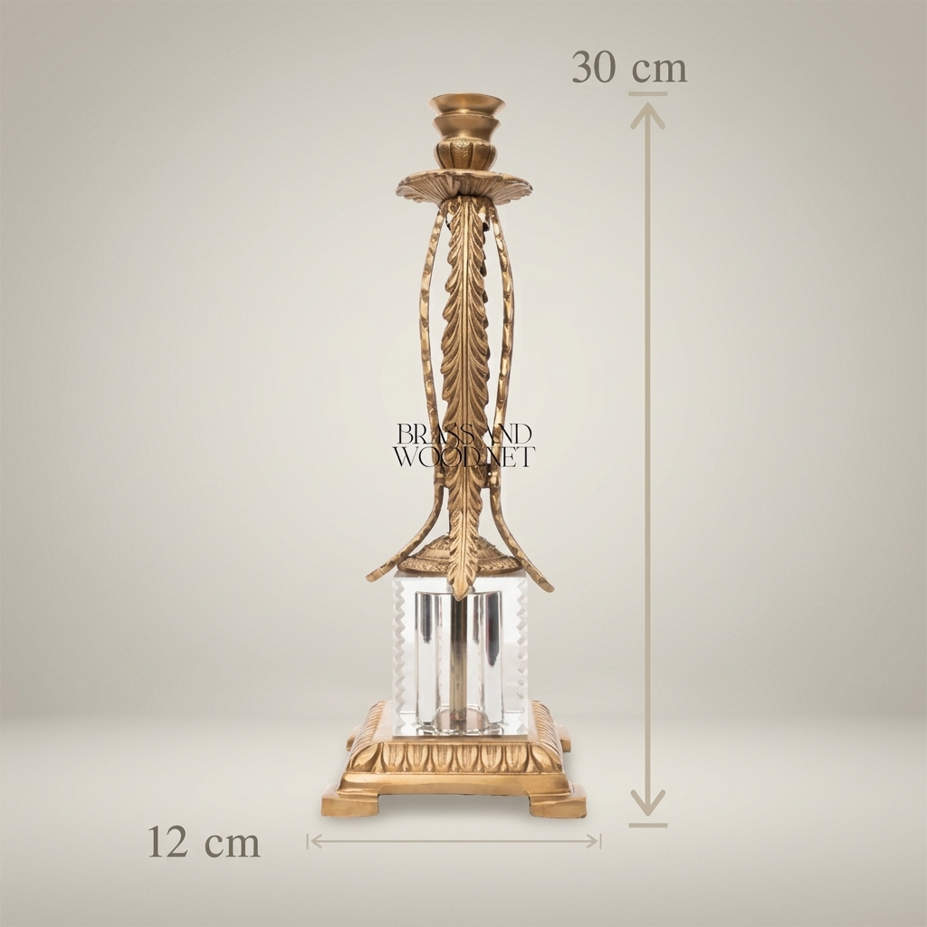 Empire Brass & Crystal Candlestick with Feather Palm Column and Egg-and-Dart Base — Antique Gold