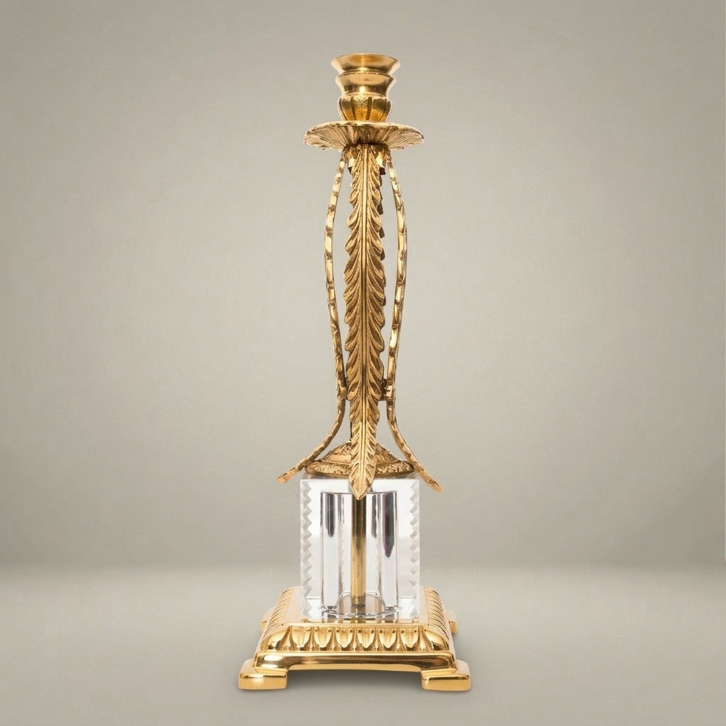 Empire Brass & Crystal Candlestick with Feather Palm Column and Egg-and-Dart Base