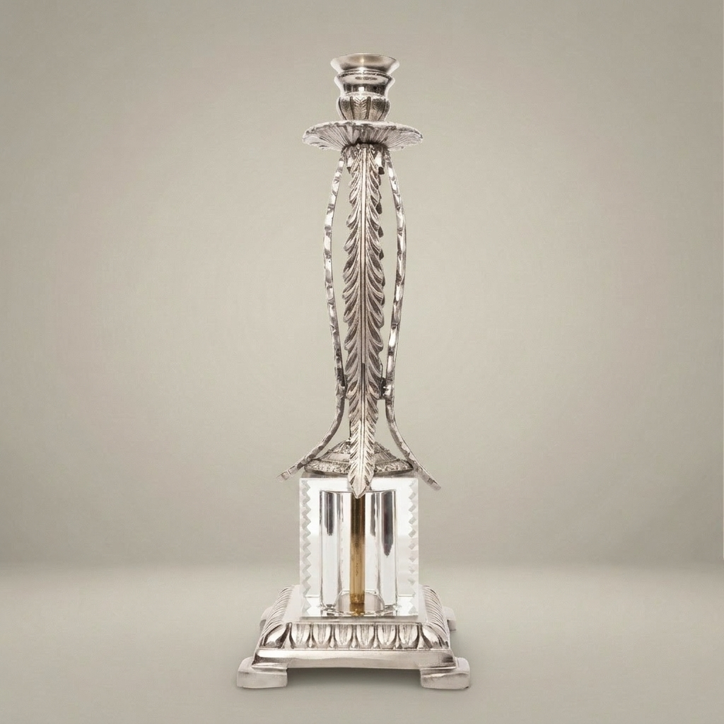Empire Brass & Crystal Candlestick with Feather Palm Column and Egg-and-Dart Base — Silver