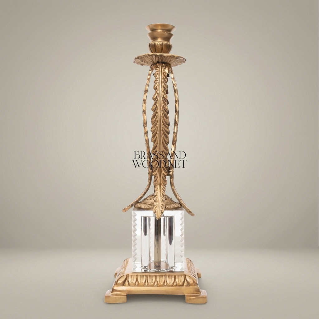 Empire Brass & Crystal Candlestick with Feather Palm Column and Egg-and-Dart Base — Antique Gold