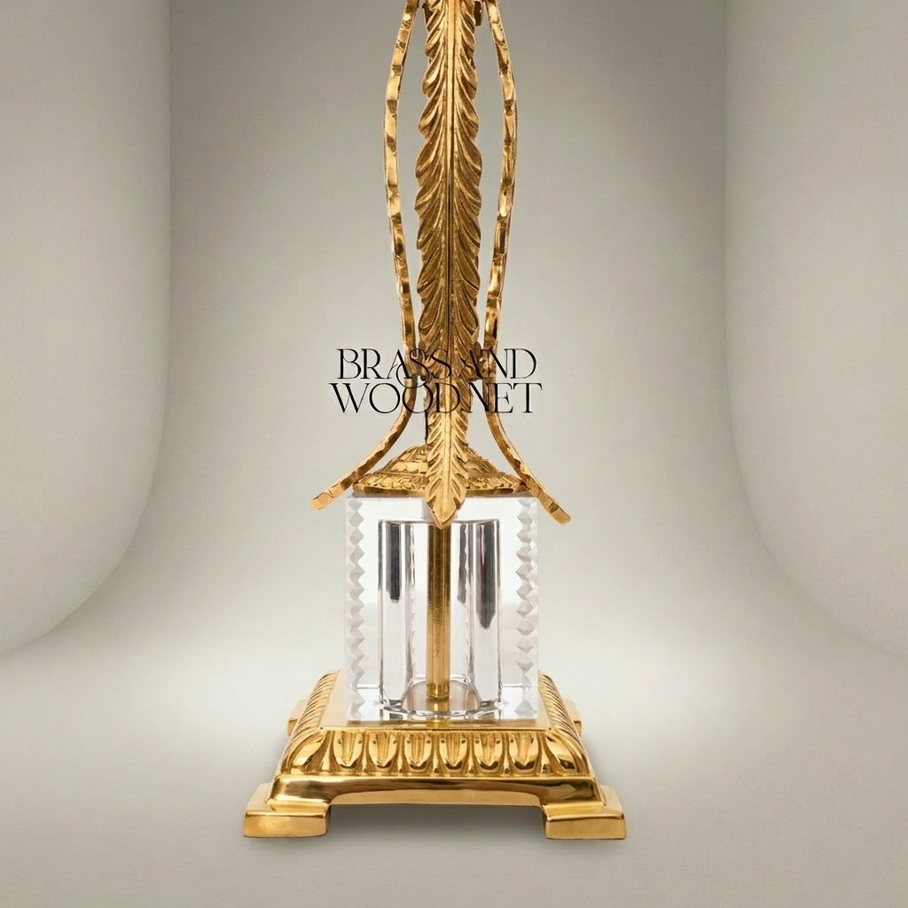 Empire Brass & Crystal Candlestick with Feather Palm Column and Egg-and-Dart Base