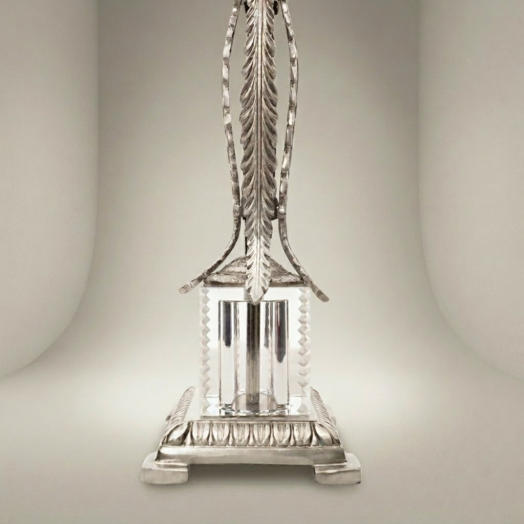 Empire Brass & Crystal Candlestick with Feather Palm Column and Egg-and-Dart Base — Silver