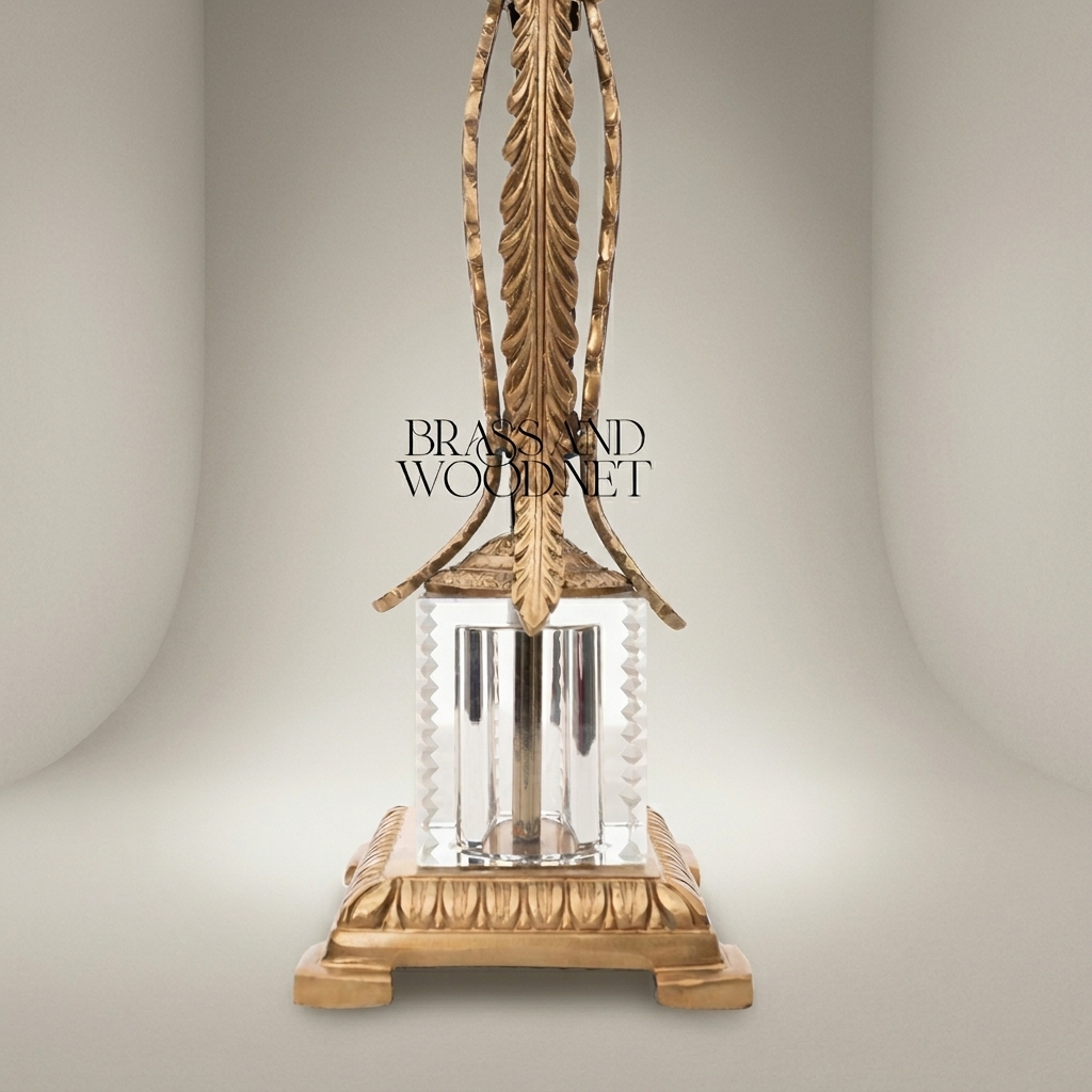 Empire Brass & Crystal Candlestick with Feather Palm Column and Egg-and-Dart Base — Antique Gold