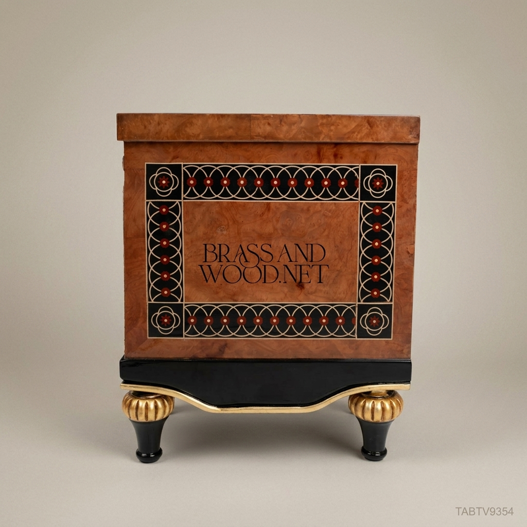 Empire Burled Veneer TV Console with Interlaced Brass-Inlay Border & Ebonized Base