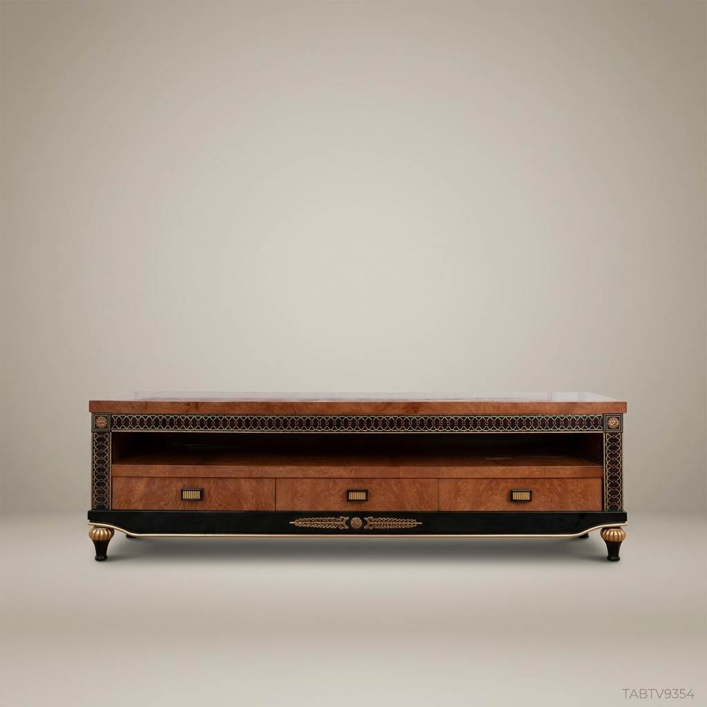 Empire Burled Veneer TV Console with Interlaced Brass-Inlay Border & Ebonized Base