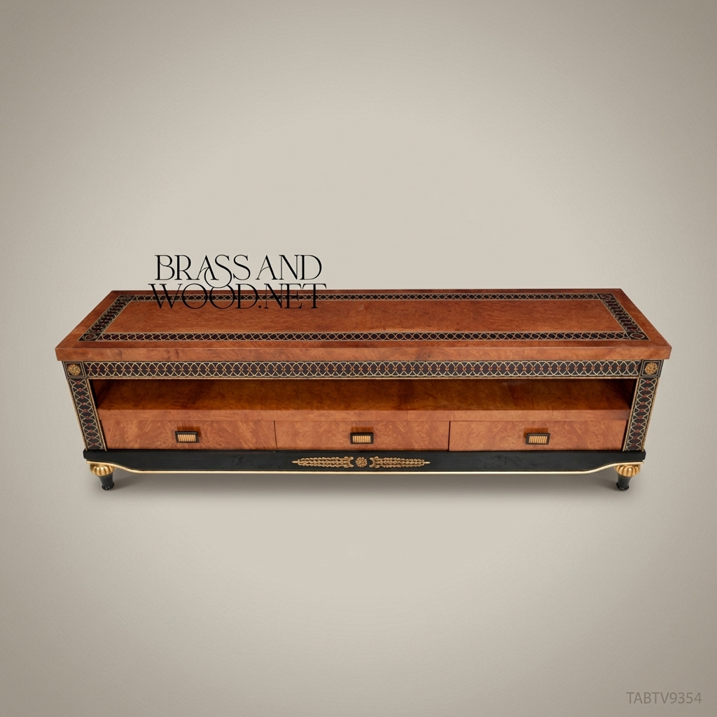 Empire Burled Veneer TV Console with Interlaced Brass-Inlay Border & Ebonized Base