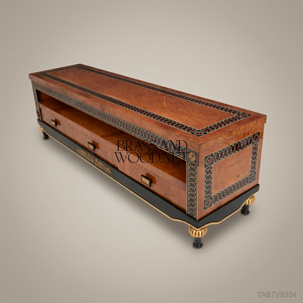 Empire Burled Veneer TV Console with Interlaced Brass-Inlay Border & Ebonized Base