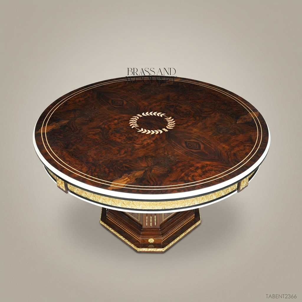 Empire Burr Walnut Round Entry Table with Gilt Laurel Marquetry & Ormolu Apron
