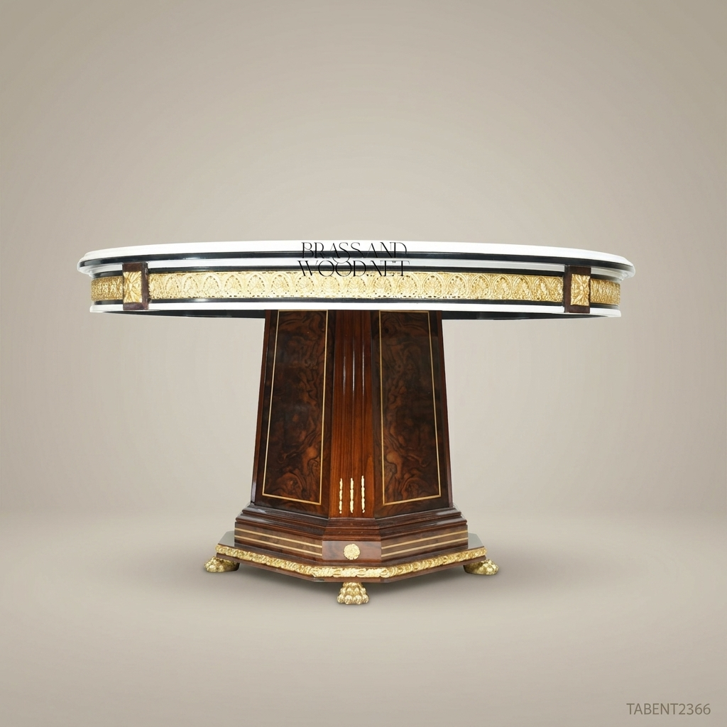 Empire Burr Walnut Round Entry Table with Gilt Laurel Marquetry & Ormolu Apron