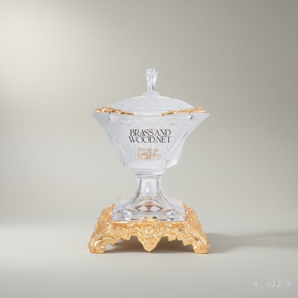 Empire Crystal Bonbonnière with Ornate Brass Base & Finial Lid — Gold