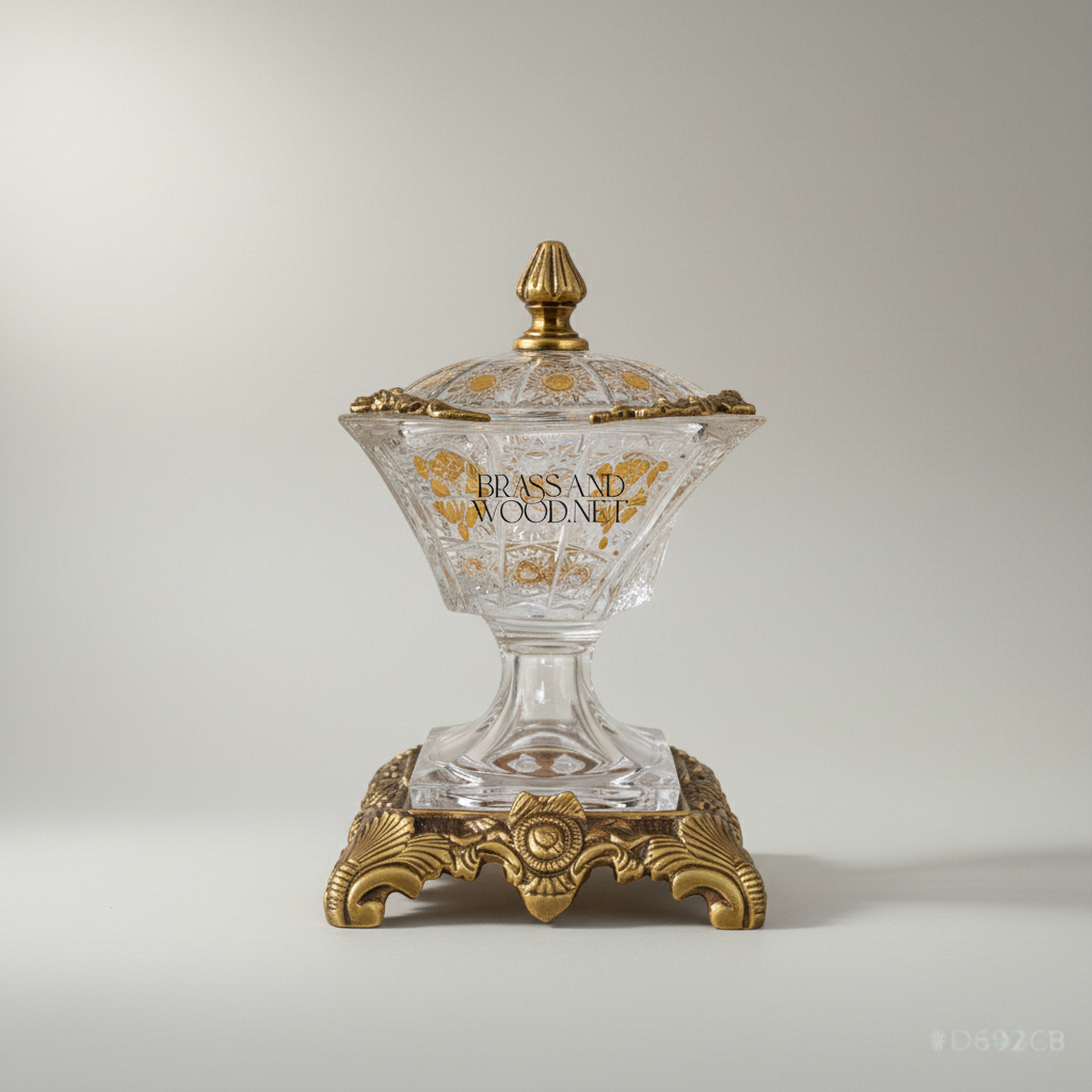 Empire Crystal Bonbonnière with Ornate Brass Base & Finial Lid