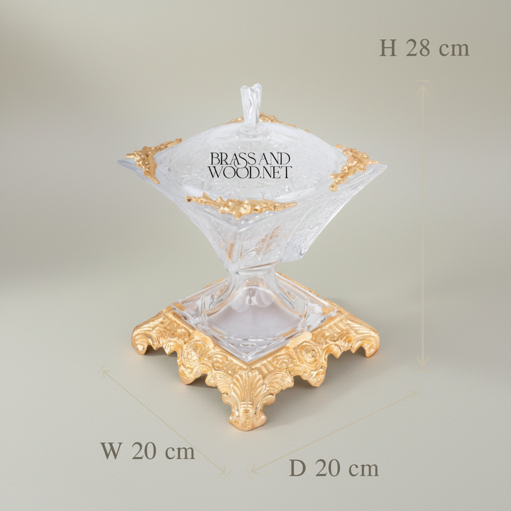 Empire Crystal Bonbonnière with Ornate Brass Base & Finial Lid — Gold