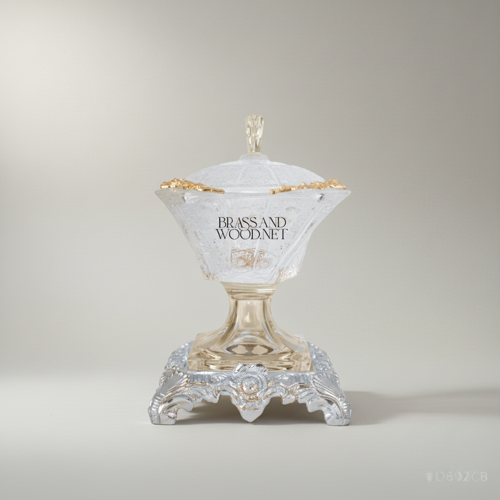 Empire Crystal Bonbonnière with Ornate Brass Base & Finial Lid — Silver
