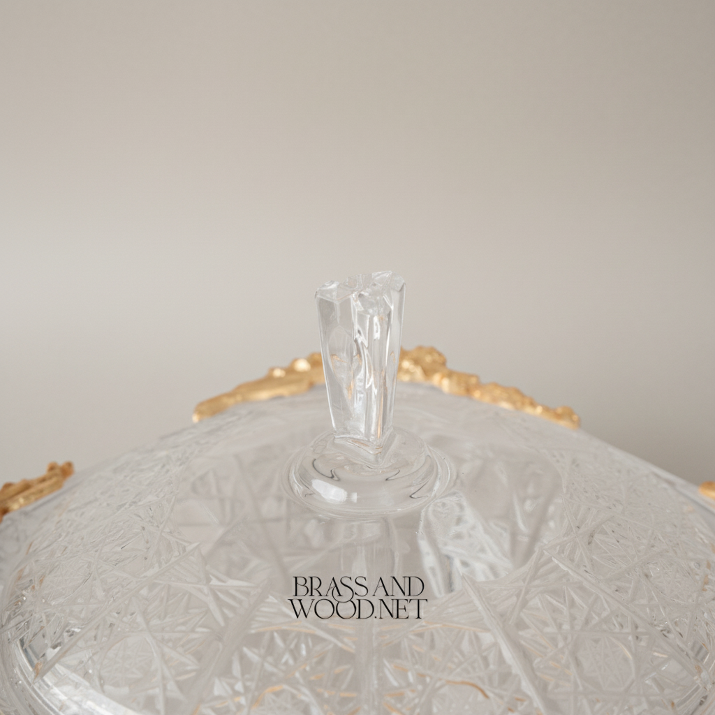 Empire Crystal Bonbonnière with Ornate Brass Base & Finial Lid — Gold