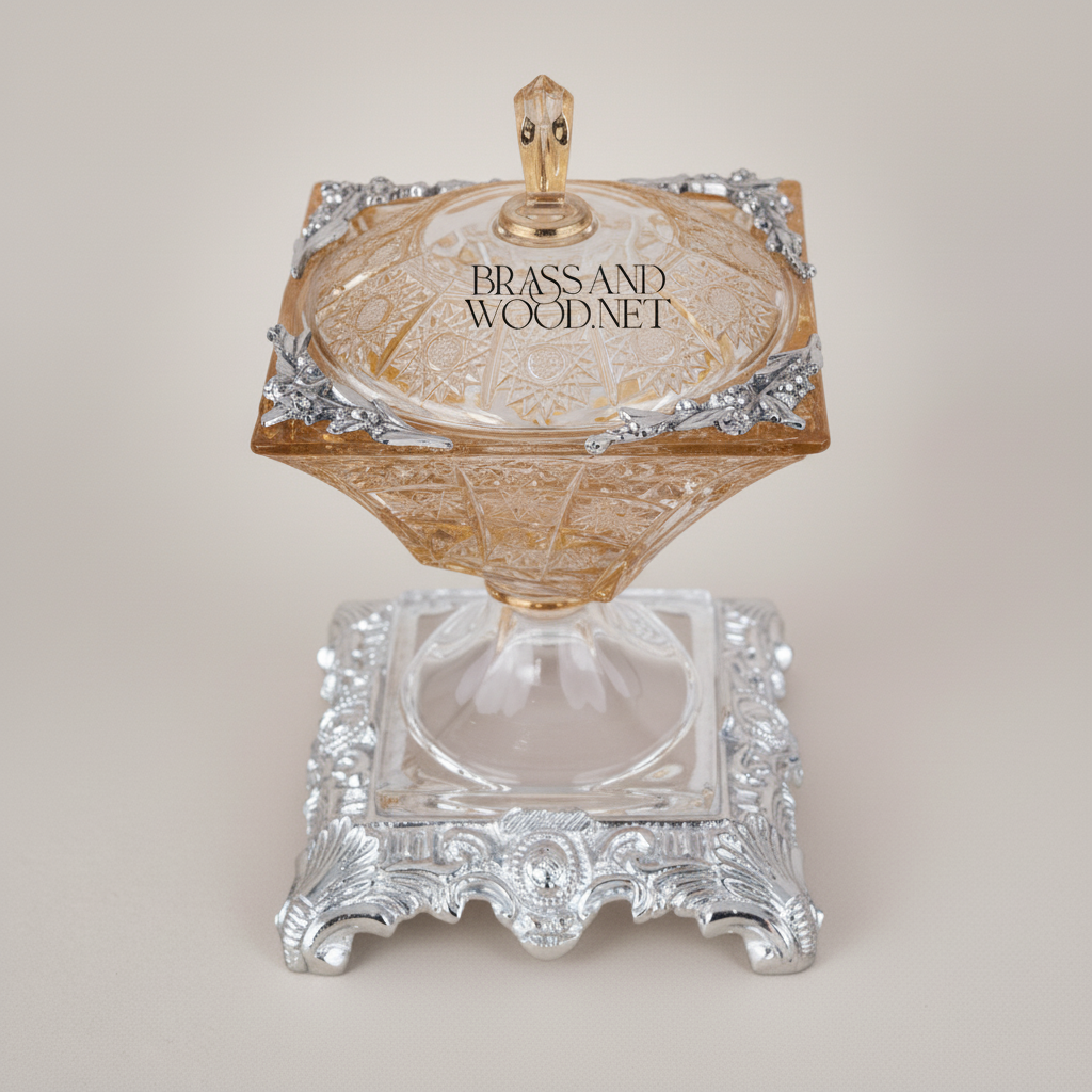 Empire Crystal Bonbonnière with Ornate Brass Base & Finial Lid — Silver