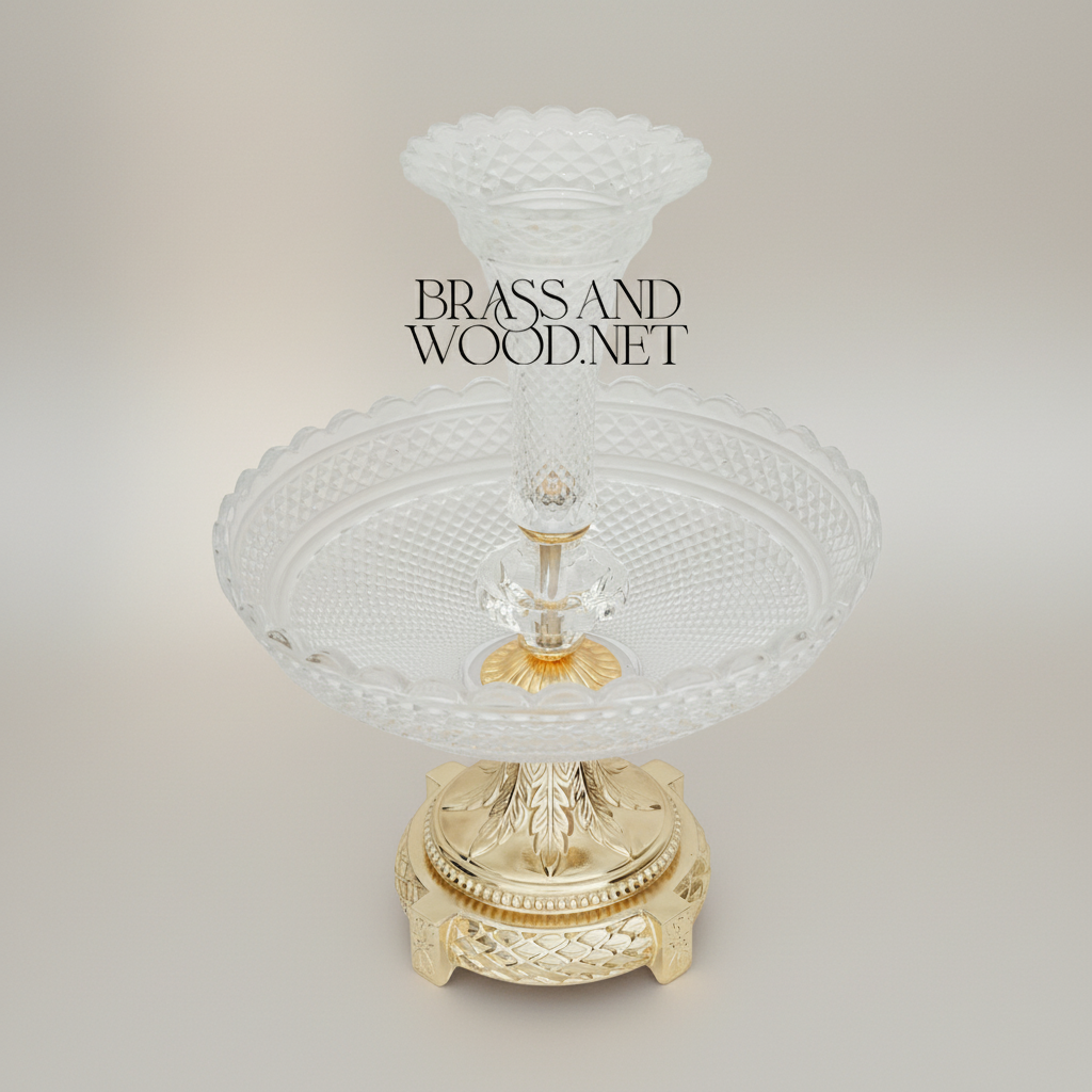 Empire Crystal & Brass Epergne Centrepiece - Diamond-Cut Two-Tier Bowl — Gold