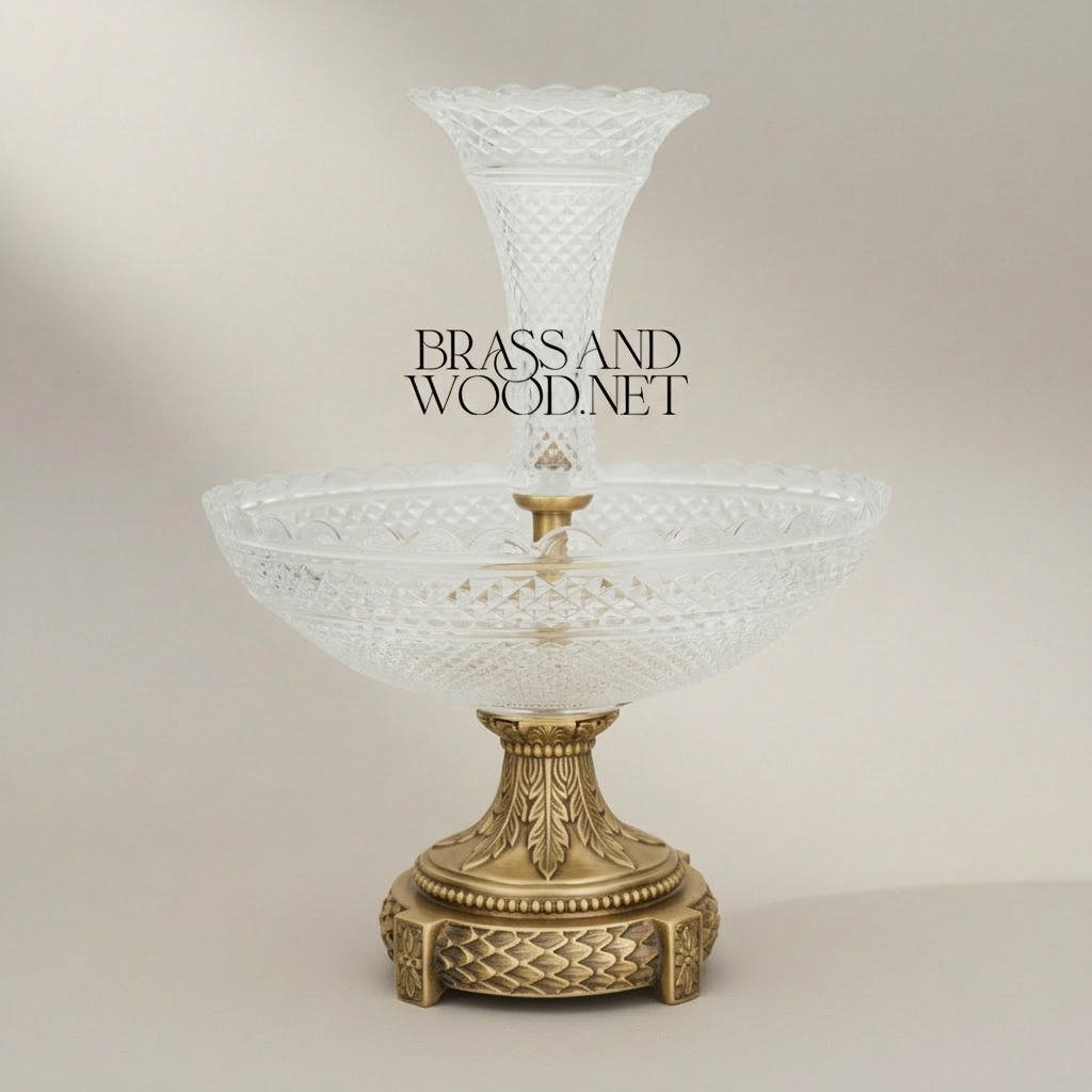 Empire Crystal & Brass Epergne Centrepiece - Diamond-Cut Two-Tier Bowl — Antique Gold