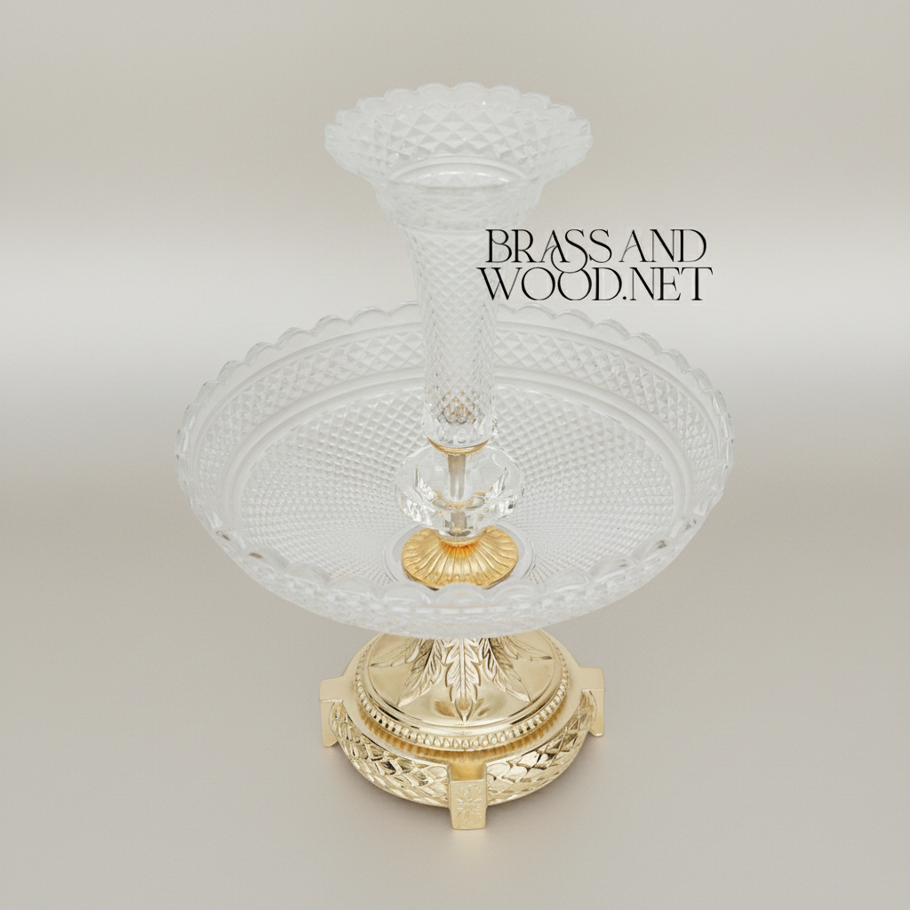 Empire Crystal & Brass Epergne Centrepiece - Diamond-Cut Two-Tier Bowl — Gold