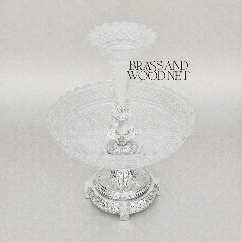 Empire Crystal & Brass Epergne Centrepiece - Diamond-Cut Two-Tier Bowl — Silver